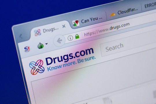 Ryazan, Russia - June 17, 2018: Homepage of Drugs website on the display of PC, url - Drugs.com.