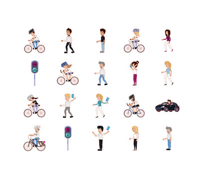 Isolated people and vehicles icon set vector design