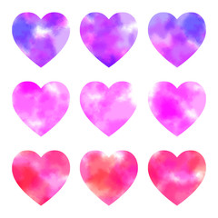 Set of watercolor bright pink and purple hearts. Valentine day romantic elements for packaging, label, scrapbook, banners, card, invitation, postcard