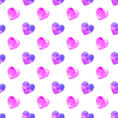Cute seamless pattern with pink and purple watercolor hearts. Romantic ornament for packaging, wrapping paper, scrapbook, banners, textile
