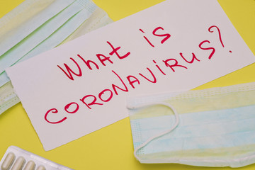 The text What is coronavirus. On a yellow background with pills and protective masks. Novel coronavirus 2019-nCoV.