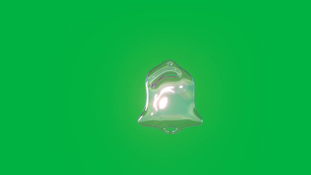 seamless loop 4k 3D rendering of distorted transparent soap bubble in shape of symbol of bell alarm floating in air isolated on green screen