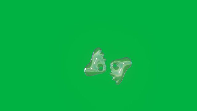seamless loop 4k 3D rendering of distorted transparent soap bubble in shape of symbol of American sign language interpreting floating in air isolated on green screen