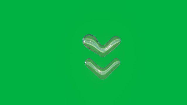 seamless loop 4k 3D rendering of distorted transparent soap bubble in shape of thick symbol of angle double arrow down with rounded corner floating in air isolated on green screen