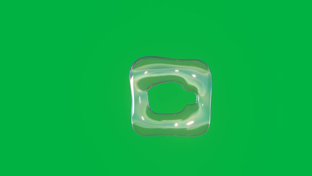seamless loop 4k 3D rendering of distorted transparent soap bubble in shape of icon of camera app on iOS style floating in air isolated on green screen