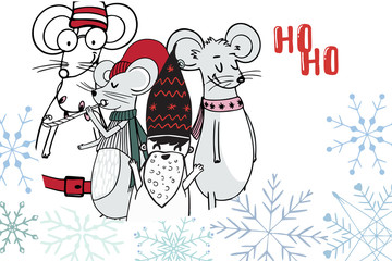 Merry Christmas gift card template with cute cartoon mouses. Holiday positive print postcard background