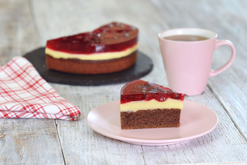 Piece of Homemade cherry cake with vanilla custard and jelly.