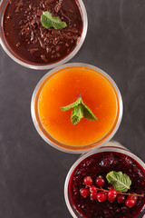 panna cotta, different tasty, chocolate, apricot and berry fruit