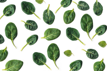 Set of green spinach leaves pattern. seamless spinach pattern isolated on white