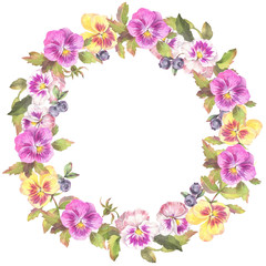 Fototapeta na wymiar Floral round wreath of pansy flowers and blueberry. Hand drawn watercolor illustration.