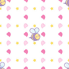 Vector seamless pattern, cute kids design. Kawaii anime smiling bees with hearts and stars on white background. Funny design. Perfect for wallpaper, paper, background, textures, ornament