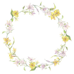 Floral round wreath of yellow and white alstroemeria flowers. Hand drawn watercolor illustration.