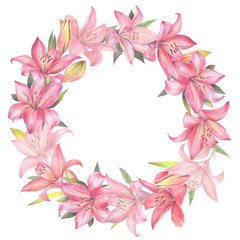 Obraz na płótnie Canvas Floral round wreath of red and pink lily flowers. Hand drawn watercolor illustration.