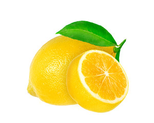 yellow fresh whole and half lemon fruit with green leaf isolated on the white background