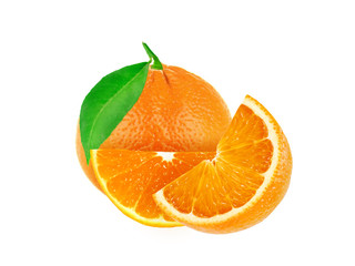 Whole and slice of sweet juicy orange fruit with green leaf isolated on white background