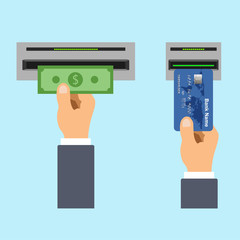 Flat design of ATM terminal usage concept. Hand pushing credit or debit card into the atm machine slot and getting money. Card reader icon. Vector illustration. Isolated