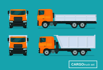 Cargo trucks set. Side view and front view. Vector flat style illustration.