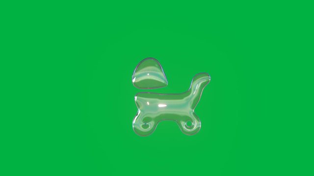 seamless loop 4k 3D rendering of distorted transparent soap bubble in shape of symbol of baby carriage with two wheels towards left floating in air isolated on green screen