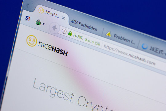 Ryazan, Russia - June 17, 2018: Homepage of NiceHash website on the display of PC, url - NiceHash.com.