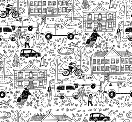 Doodles street in sity people cars houses seamless pattern black and white
