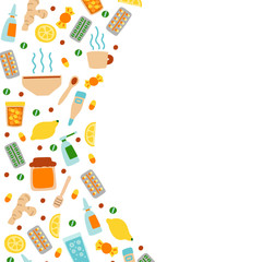 Vector flat illustration with set of medicines for colds and influenza. Medical pattern with place for text, medicines and therapeutic agents for colds and flu
