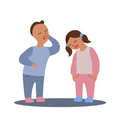 Vector flat illustration with couple of boy and girl with flu or cold symptoms. A boy has a cough and a girl has a weakness. A couple of kids having a cold together