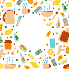 Vector flat illustration with set of medicines for colds and influenza. Medical pattern with place for text, medicines and therapeutic agents for colds and flu