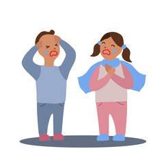 Vector flat illustration with couple of boy and girl with flu or cold symptoms. A boy has a headache and a girl has a sore throat. A couple of kids having a cold together