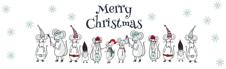 Merry Christmas gift card template with cute cartoon mouses. Holiday positive print postcard.