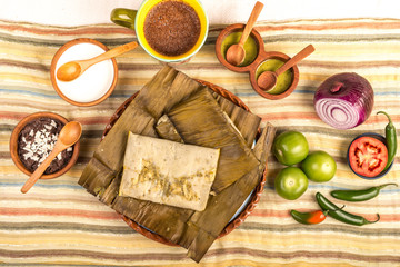 Fototapeta na wymiar Oaxacan tamal made of corn chicken pork and chili