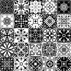 Set of tiles iin portuguese style. Back and white mosaic background in dutch, portuguese, spanish, italian style.