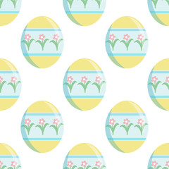 Vector seamless pattern, simple flat design. Eastern eggs with cute ornament on white background. Lovely pastel colors