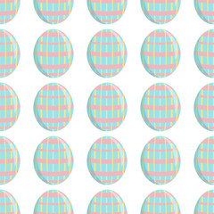 Vector seamless pattern, simple flat design. Eastern eggs with cute ornament on white background. Lovely pastel colors