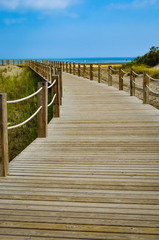 Obraz premium A wooden road leads to the sea