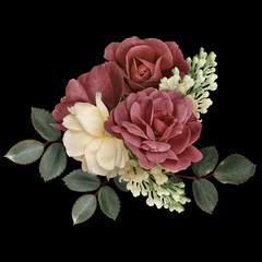 Dark red and white roses, lilac isolated on black background. Vintage floral arrangement, bouquet...