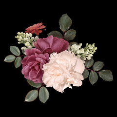 Dark red roses, white peony, lilac isolated on black background. Vintage floral arrangement,...