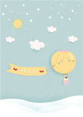 Fototapeta premium A cup cake is hold by yellow balloon.it is flow on sky and carry a poster.the background colour is blue pastel.the moon is on the wallpaper.the design make for valentine day.