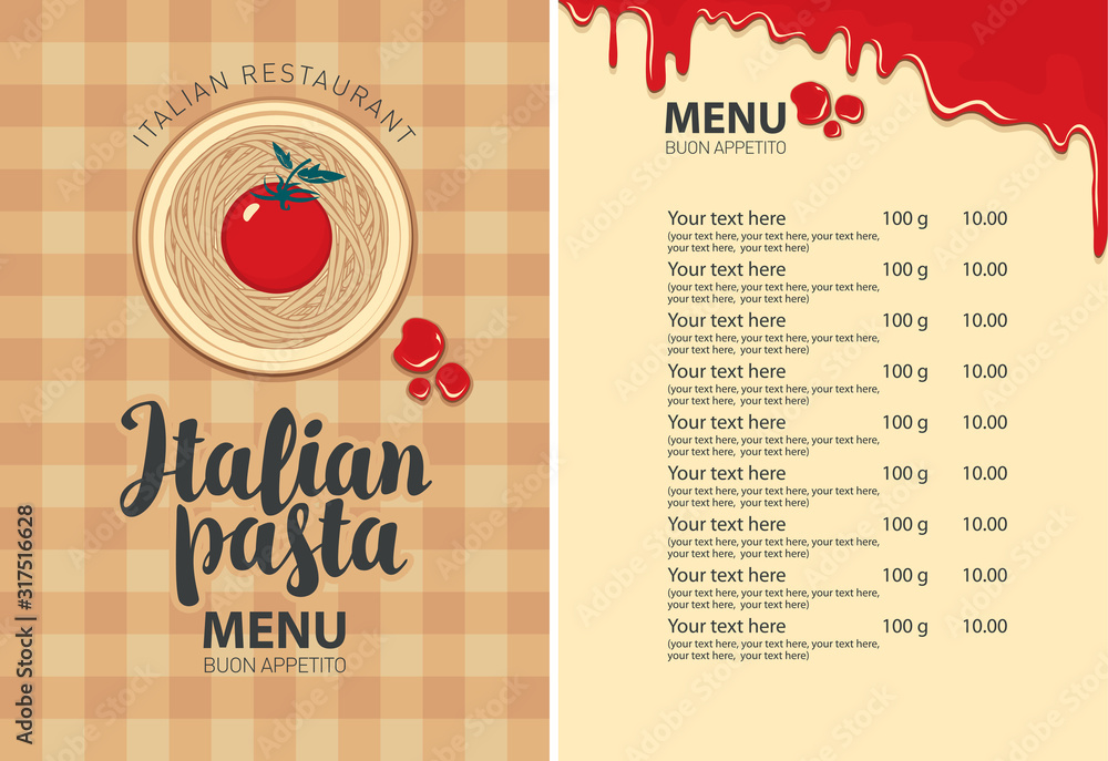 Poster vector menu for italian restaurant with price list and calligraphic inscription in retro style. past