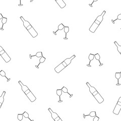 Vector seamless pattern of hand drawn bottle of wine and glasses Beautiful ink drawing, abstract design elements. Perfect outline elements for food restaurant on isolated background Doodle style