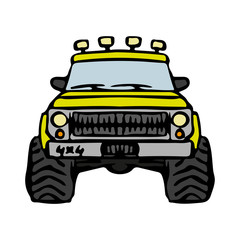 Bright yellow SUV on big wheels. Front view. Vector hand drawing. Isolated object on a white background. Isolate. © far700