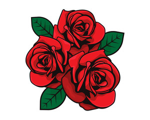 Beautiful Rose flower. A bouquet of bright and colorful red roses blooming with green leaves. Floral arrangement. Greeting card design for Valentine's day or wedding invitation - Vector illustration.