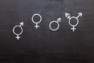 Free gender choice. Drawings of gender signs on a chalkboard. Sex Ed