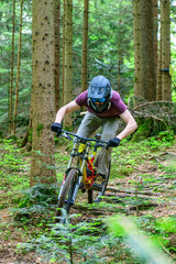 Verwegene Mountainbiker beim Downhill auf Wald-Trails