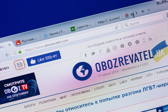 Ryazan, Russia - June 17, 2018: Homepage of Obozrevatel website on the display of PC, url - Obozrevatel.com.