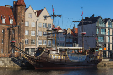 Retro pirate ship at Motlawa river in Gdansk old town.