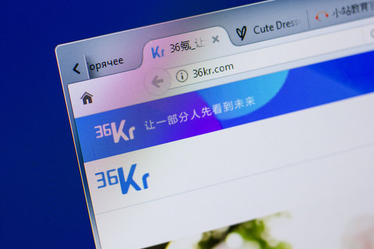 Ryazan, Russia - June 17, 2018: Homepage of 36kr website on the display of PC, url - 36kr.com.