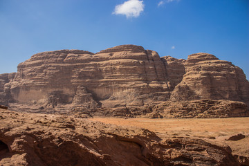 Fototapeta premium picturesque desert landscape scenic view gorgeous sand stone rocks in Wadi Rum Jordan Middle East touristic heritage site, copy space for text