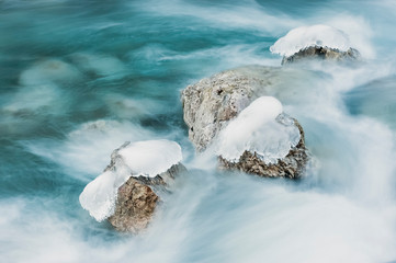 Ice formations in the Cordevole River, Cadore, dolomites, Italy, Europe