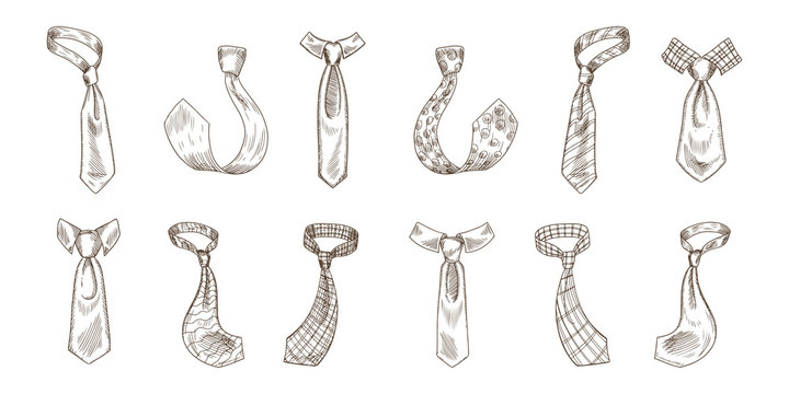 Vintage printed ties hand drawn silhouette illustrations set