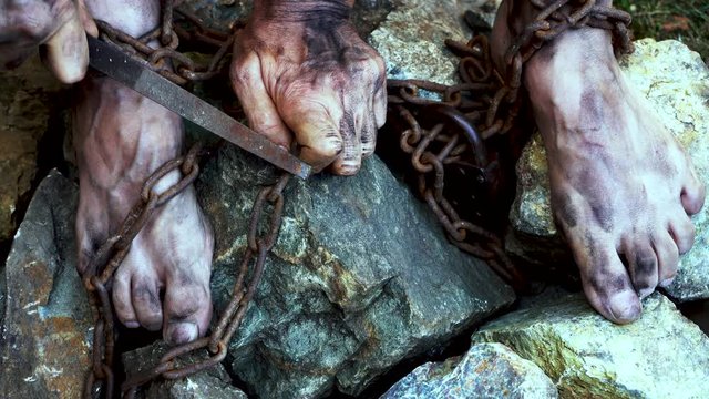 Hands and feet of a slave entangled in iron chains. An attempt to break free from slavery. The symbol of slave labor. Hands in chains